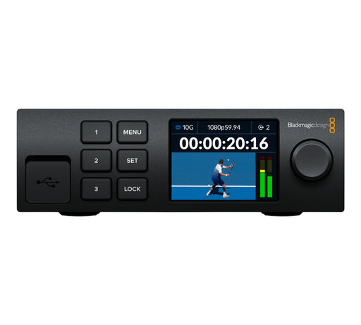Blackmagic 2110 IP Converter 3x3G front panel showing the control buttons and spin knob, and LCD display